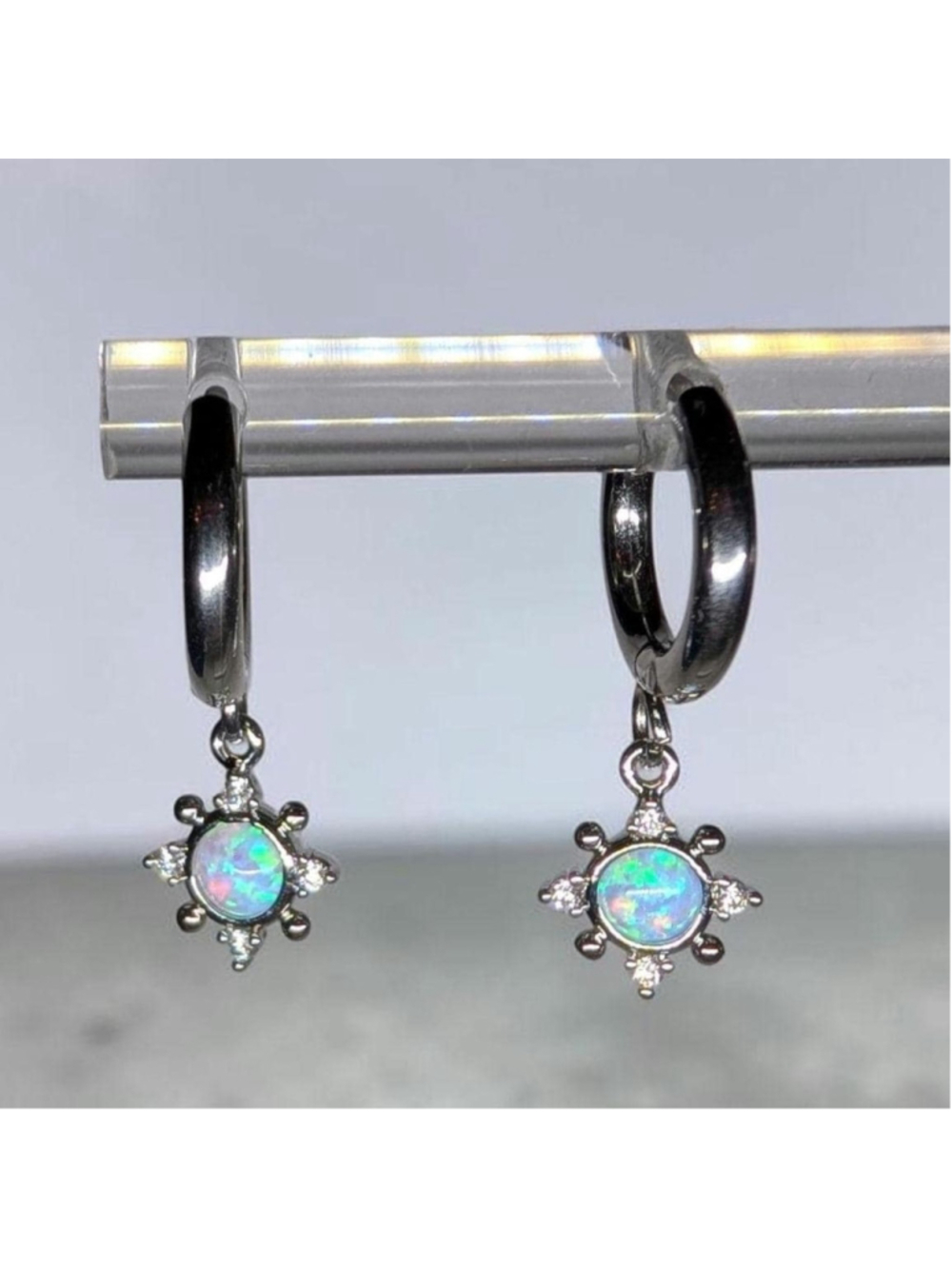 Silver Sun Opal Huggie Earrings, Celestial Cubic Zirconia Hoop Earrings